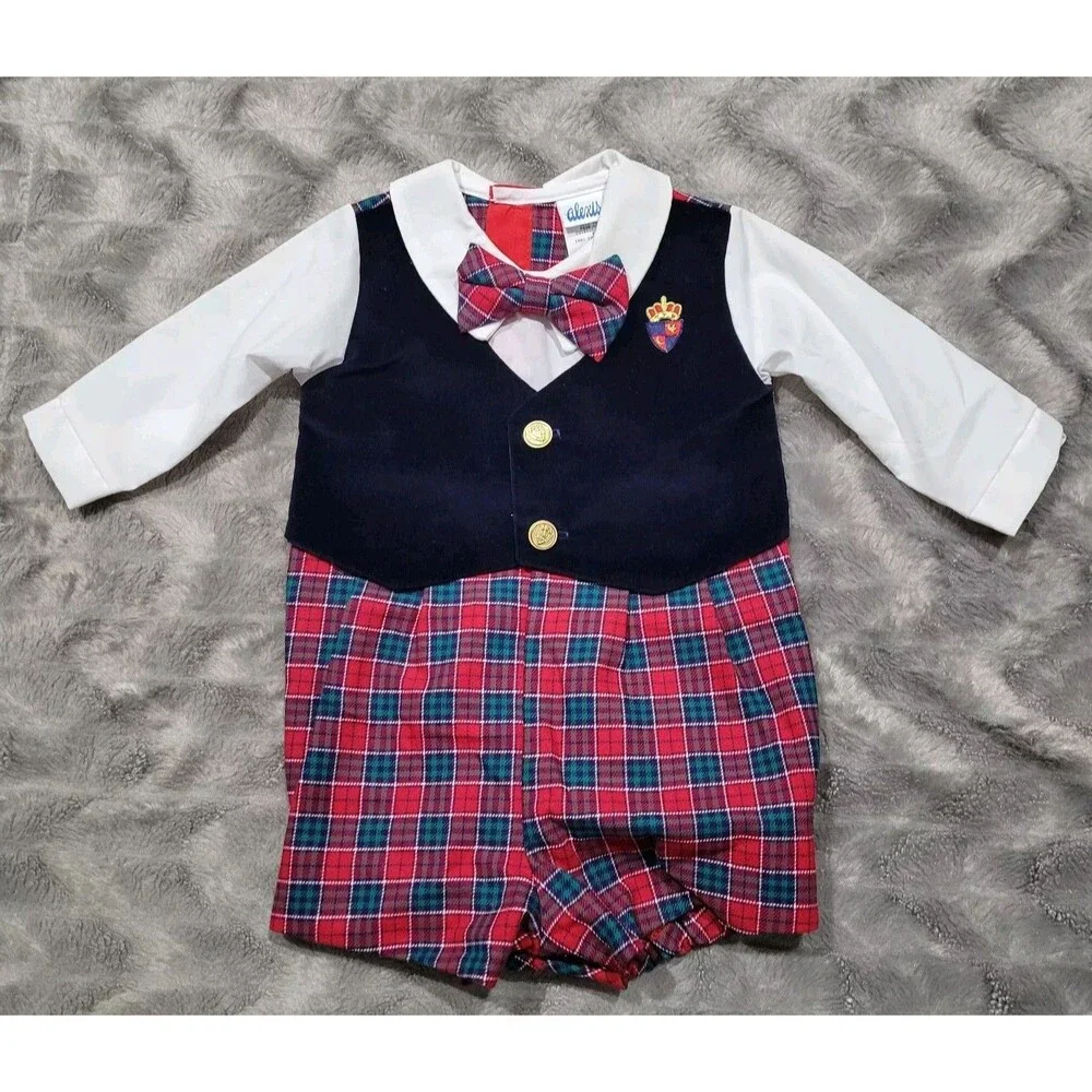 Alexis Baby Vtg USA 6 Months Boy Red Plaid Bowtie Formal Party Romper Outfit
